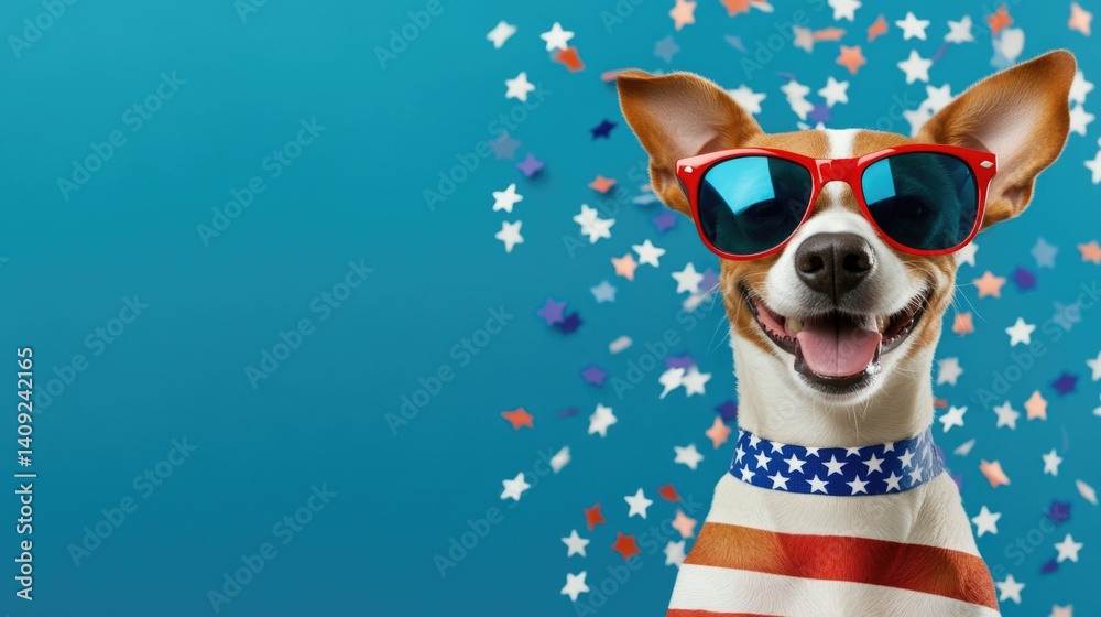 Fototapeta premium Patriotic dog with red sunglasses and starry background on blue. Independence Day, Fourth of July, July 4th - American Freedom Celebration, US National Holiday USA