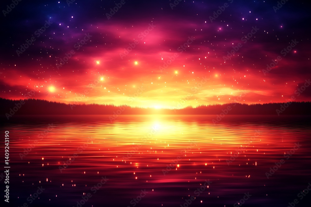 Naklejka premium Majestic water reflection of the sunset sky and stars landscape view