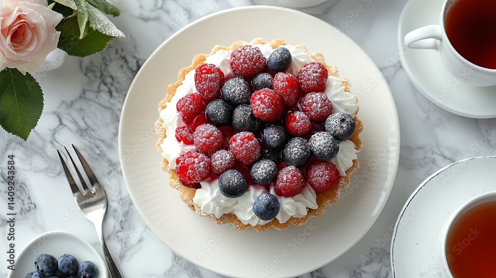 Delicious Dessert Plate with Fresh Berries and Cream Delicious Dessert Plate with Fresh Berries and Cream