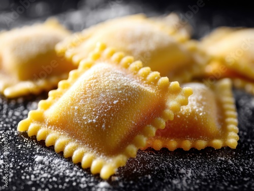 Close up of homemade ravioli pasta on dark surface dusted with flour showcasing culinary art and italian cuisine photo