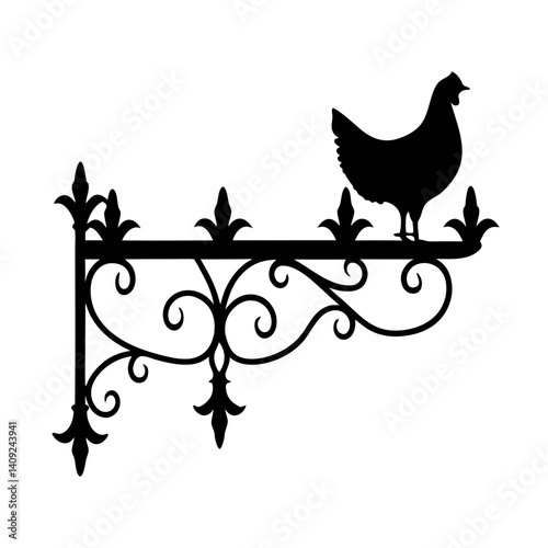 Silhouette of a chicken perched on an ornate wrought iron bracket