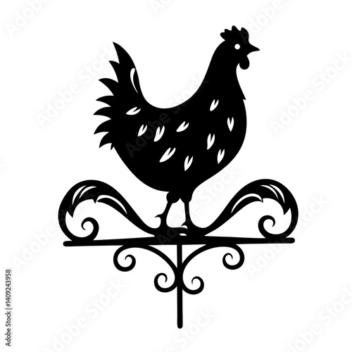 Silhouette of a Chicken Weather Vane with Ornate Scrollwork, Black and White