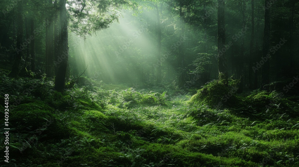 Fototapeta premium Sunlight filters through a dense forest canopy, illuminating a mossy forest floor