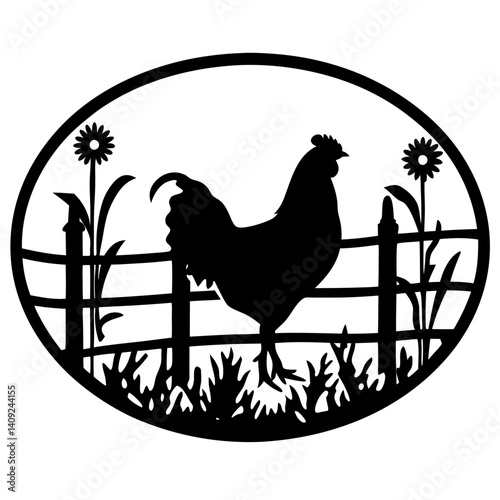 Rooster silhouette behind fence with flowers within an oval frame design