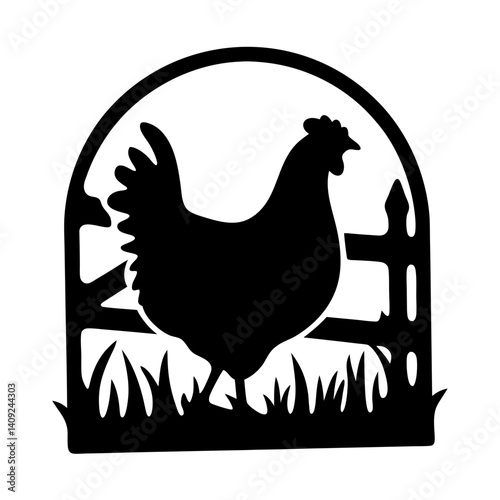 Silhouette of a Chicken Standing in Grass Behind a Rustic Fence