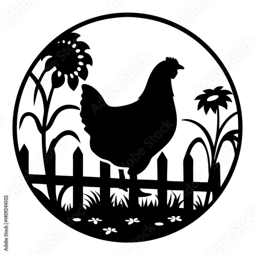 A beautiful black silhouette image of a chicken in garden setting