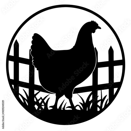 Silhouette of a chicken in a circle behind a fence and grass