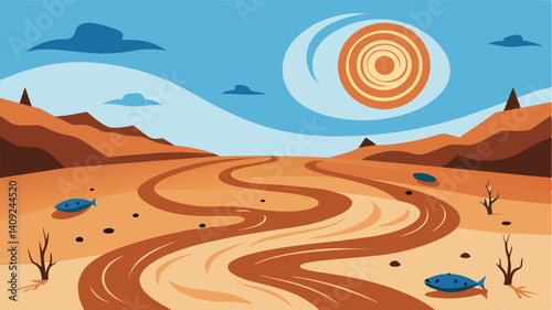 Swirls of dust dance in the air above the arid riverbed now completely drained of its life. The sunbaked earth dotted with the remains of fish serves as a stark reminder of the. Vector illustration
