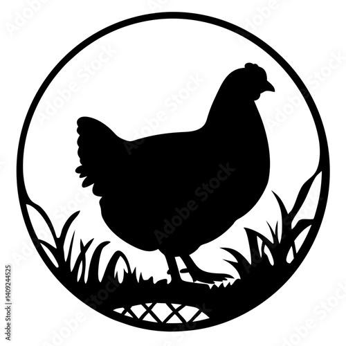 A Silhouetted Chicken Standing Proudly in a Circular Grassy Enclosure Design