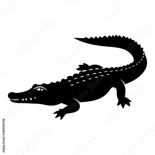 Black silhouette illustration of a crocodile with menacing teeth and scales