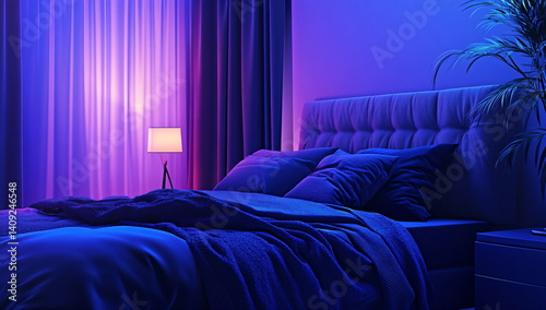 Comfortable bedroom with blue and purple neon lights for relaxation. Bedroom interior with bed and nightstand for cozy sleep promotion.