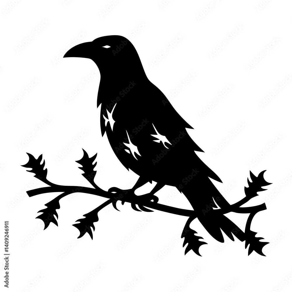 Obraz premium Silhouette of a raven perched upon a branch with angular leaves