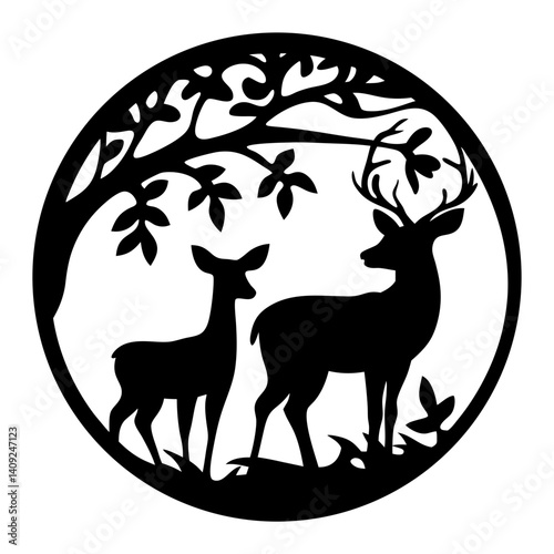 Elegant Black and White Deer Silhouette Encapsulated within a Circular Forest Scene