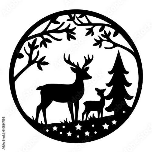 Silhouette of Deer in a Christmas Scene with a Tree and Stars