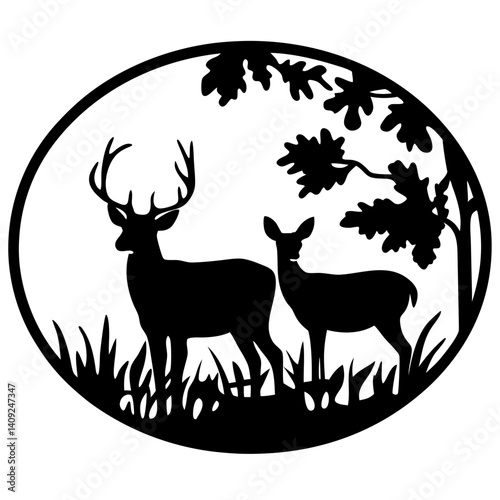 Silhouette of majestic deer and doe with nature scene encased in circle