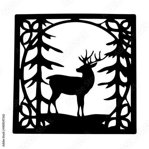 Silhouette of a deer framed by cutout trees in a square border
