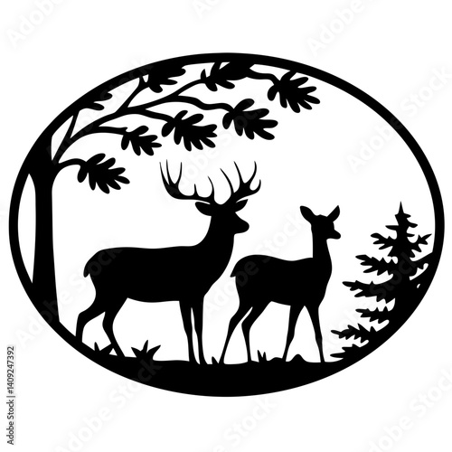 Black silhouette of a deer family in the forest inside an oval
