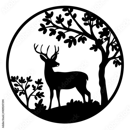 Silhouette of a deer in the forest within a circular frame design