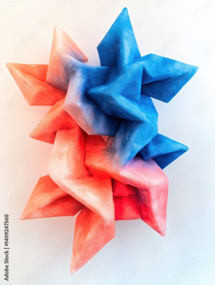 Fototapeta premium Interlocking neon coral and electric blue plush arrows with ombré gradient dye, three-dimensional origami folding texture dynamically floating in geometric shadows for contemporary gallery concepts 