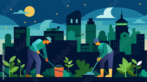 As the city skyline glitters at night a fleet of eVTOLs conduct essential maintenance tasks on the urban farm keeping it running efficiently.. Vector illustration