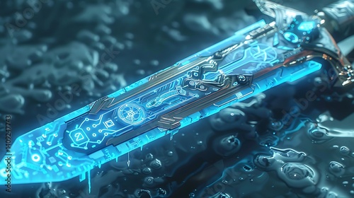 A futuristic ancient sword infused with AI circuits glowing blue with holographic runes