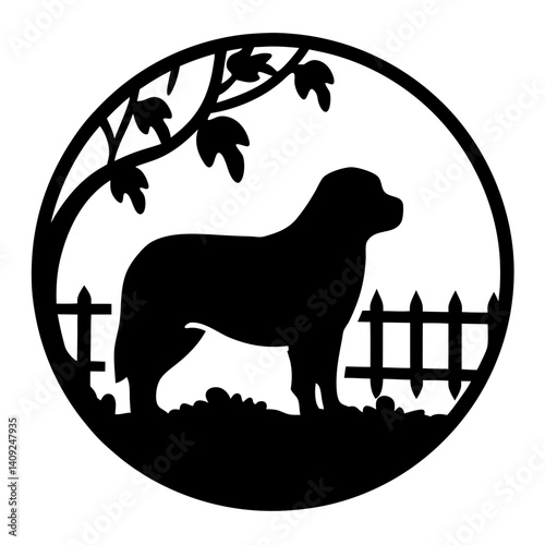 Silhouette of a Rottweiler Dog under a Tree with a Fence in Yard