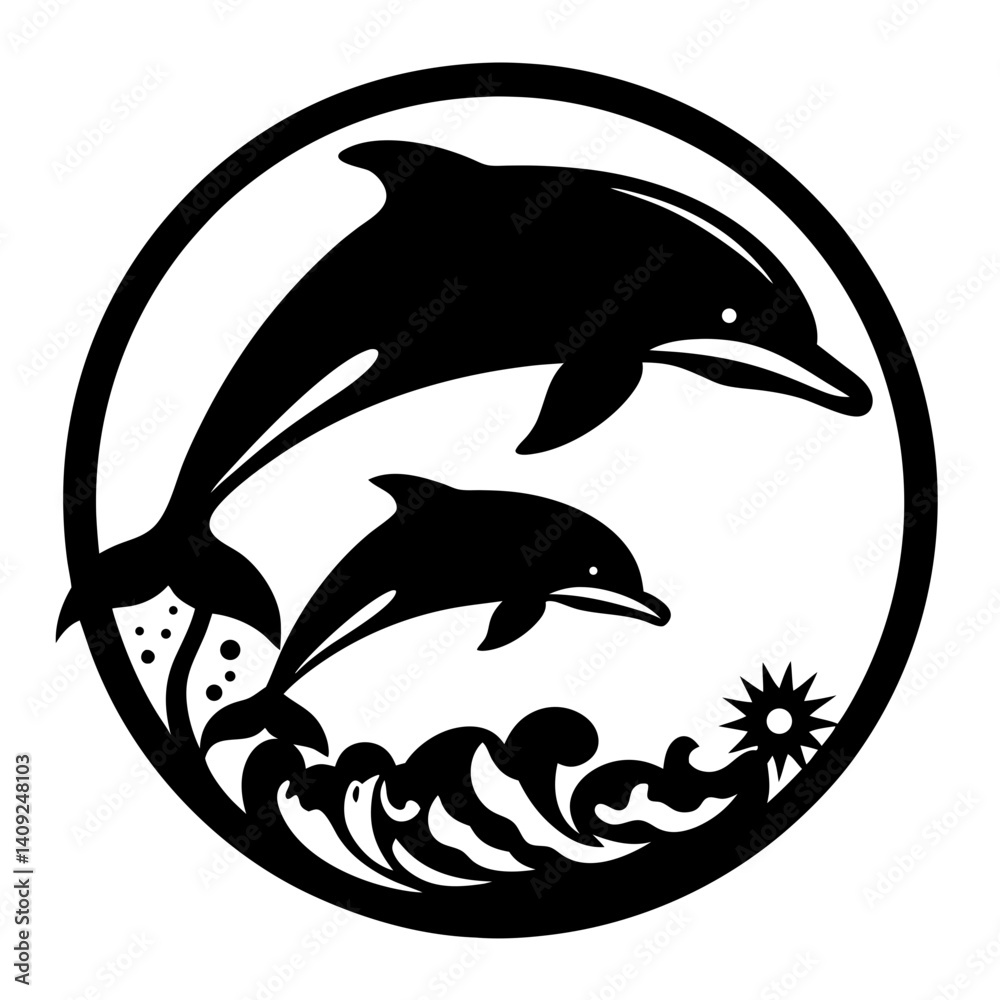 Obraz premium Silhouette of Two Dolphins Leaping Above the Water in a Circular Frame