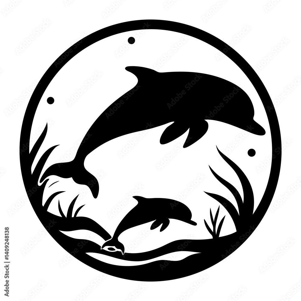 Stylized Dolphin Duo in a Circle, Black and White Aquatic Scene Stylized Dolphin Duo in a Circle, Black and White Aquatic Scene
