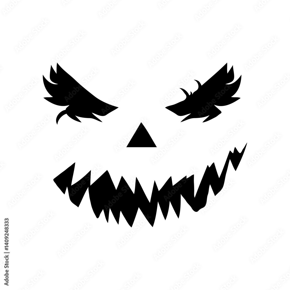 Scary pumpkin face with sharp eyes, jagged mouth, and triangle nose in minimalist style on white background, concept of Halloween horror emotion Scary pumpkin face with sharp eyes, jagged mouth, and triangle nose in minimalist style on white background, concept of Halloween horror emotion