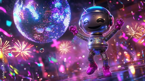 Happy cartoon robot dancing at a glittering disco party with fireworks and neon lights