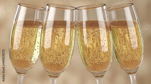 Four Champagne Flutes with Sparkling Golden Liquid Close Up