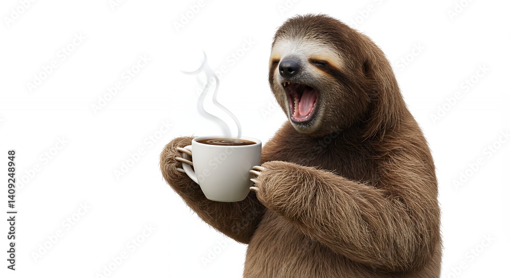Fototapeta premium Sloth drinking coffee cartoon illustration funny animal