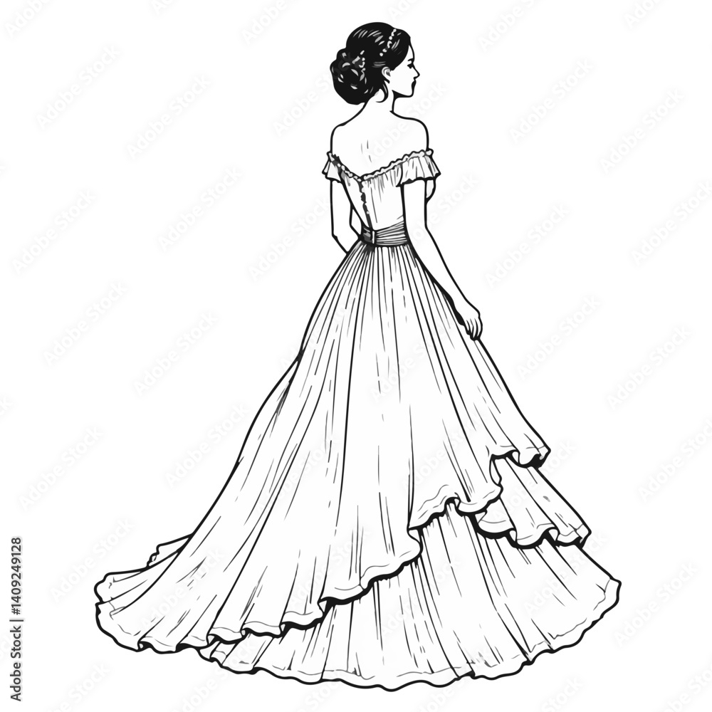 Obraz premium Elegant bride walking in a ruffled wedding gown 