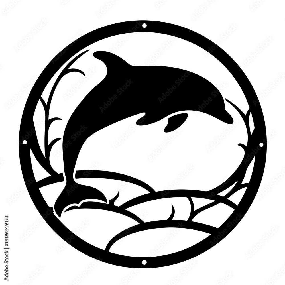 Silhouette of a jumping dolphin inside a circle with wavelike elements. Silhouette of a jumping dolphin inside a circle with wavelike elements.