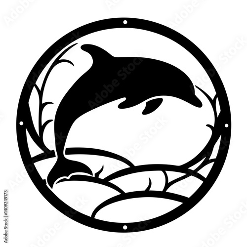 Silhouette of a jumping dolphin inside a circle with wavelike elements.