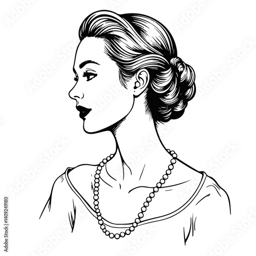 Elegant bride wearing a pearl necklace in profile sketch  