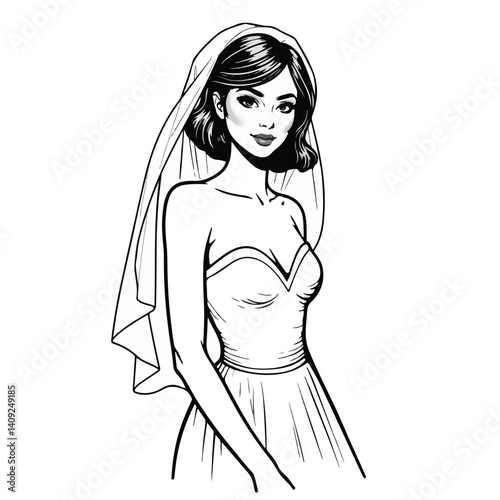 Bride in a short wedding veil poses gracefully  