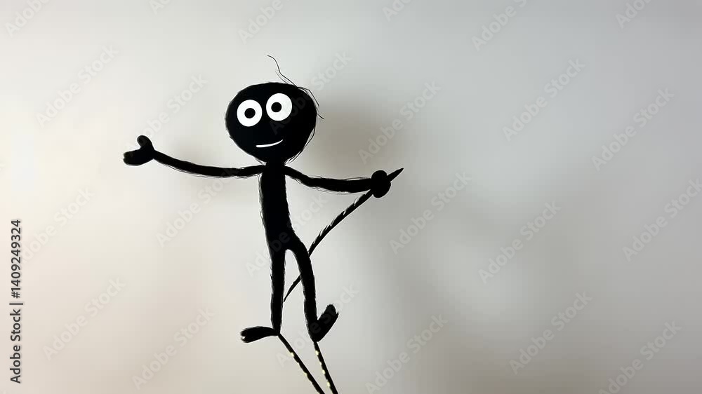 A playful stick figure balancing on a tightrope against a soft, blurred background