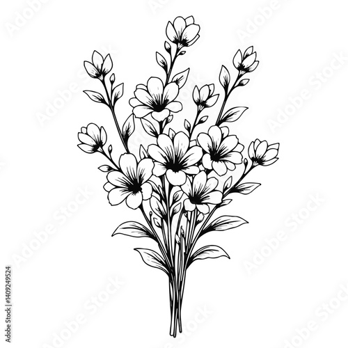 Elegant flower bouquet illustration with greenery on white background  
