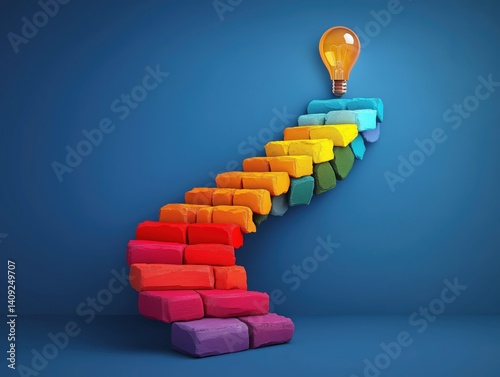 Ascending Creativity: Colorful Staircase of Lightbulbs Symbolizes Innovation, Success, and Growth