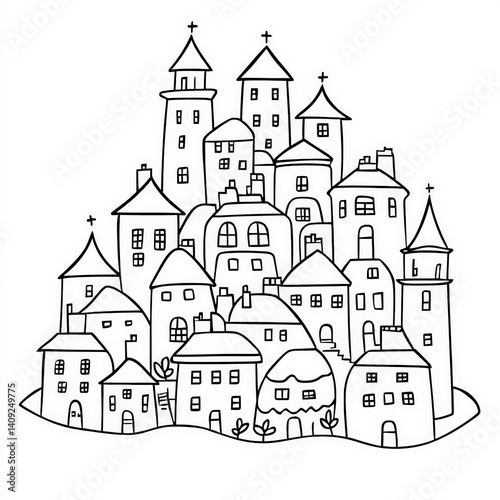 A bustling cityscape with buildings and trees , coloring page for kids