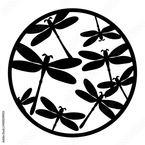 Dragonflies circle illustration, abstract art depicting flying dragonfly silhouettes in circular design