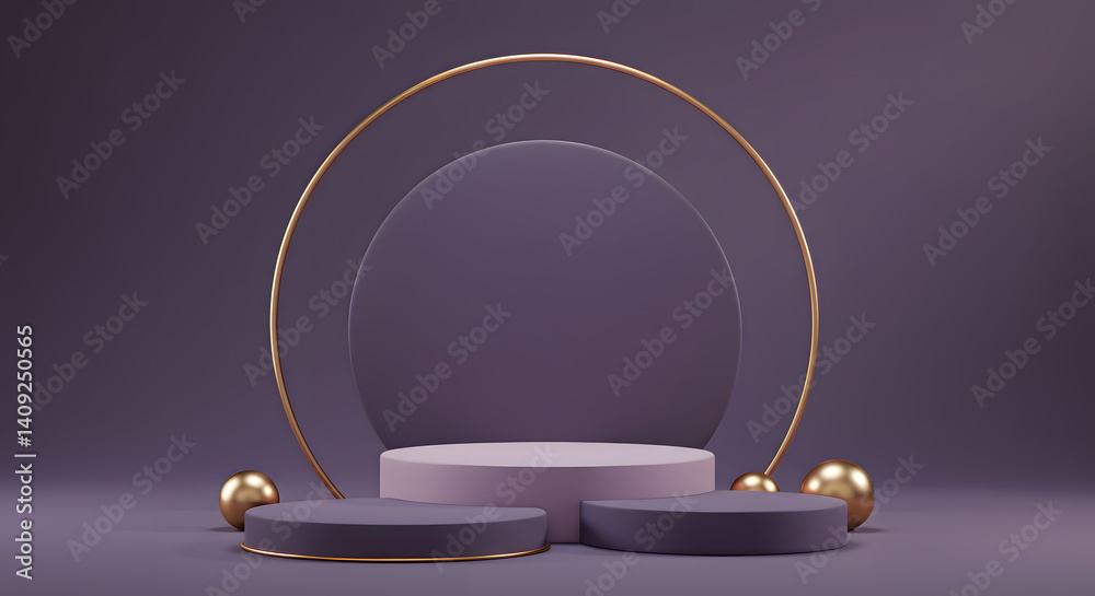 Abstract product display podiums with gold accents on purple background Abstract product display podiums with gold accents on purple background
