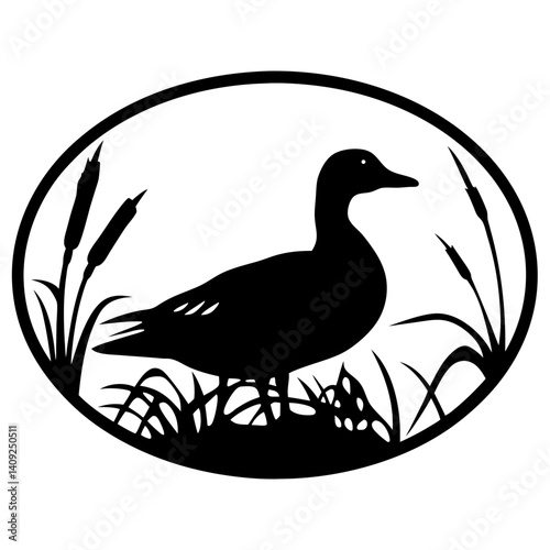 Silhouette of a duck standing among grass and reeds within an oval frame