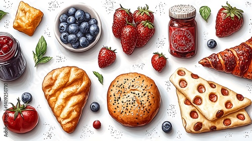 Wallpaper Mural Delicious Breakfast Food Spread with Pastries Berries and Jam Illustration Torontodigital.ca