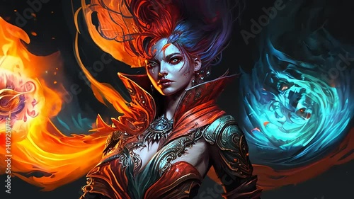A powerful sorceress conjuring elemental magic with fiery and icy forces in a dark fantasy realm