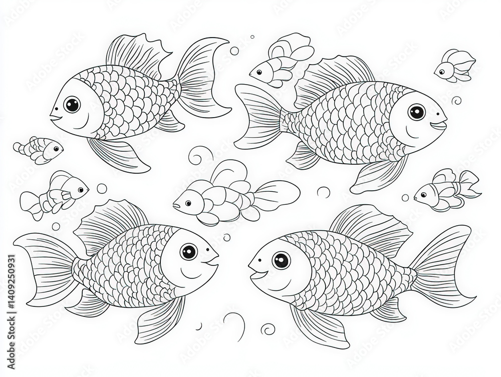 Fototapeta premium A group of friendly fish swimming in the ocean , coloring page for kids