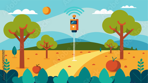 Soil moisture sensors are p strategically throughout the orchard allowing for targeted irrigation in specific areas.. Vector illustration