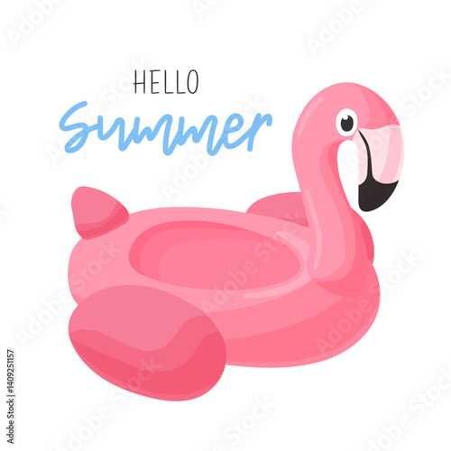 Summer postcard. Flamingo inflatable circle isolated on white background. Summer design element for poster, banner, badge, label, print, travel.