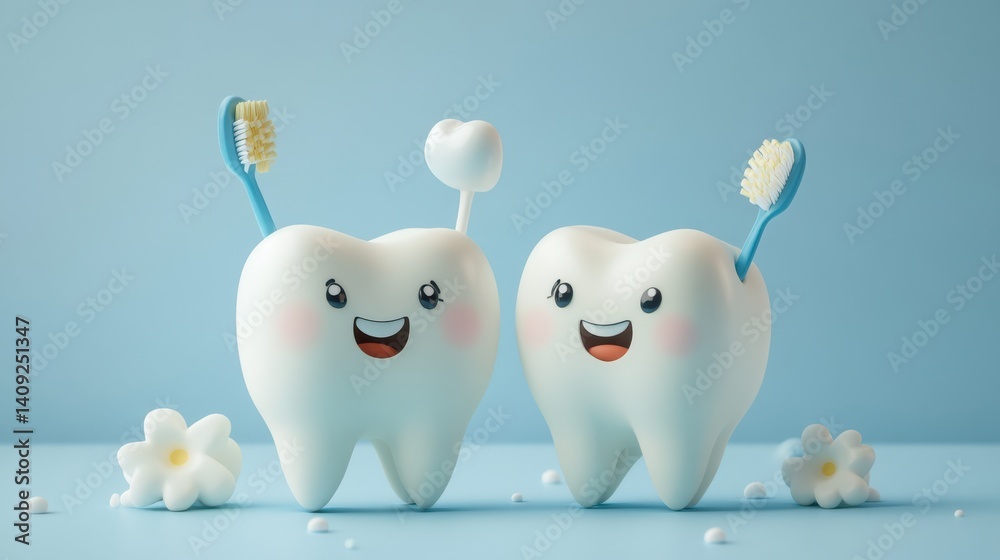 Obraz premium Cute Cartoon Teeth with Toothbrushes and Flowers on Blue Background